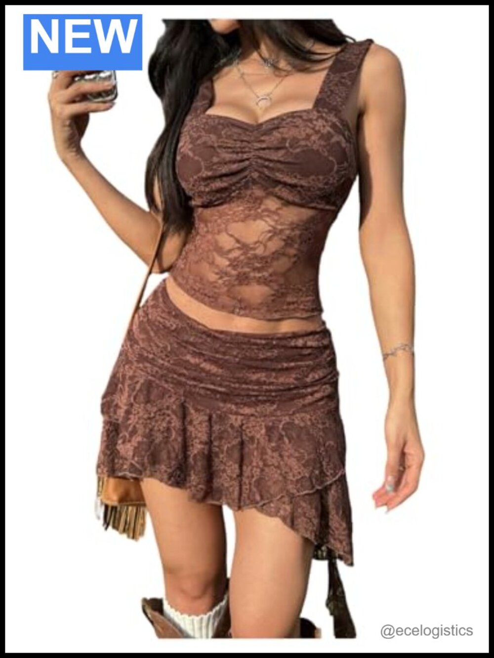 Women's 2 Piece Y2K Lace Skirt Set Ruffle Hem Sleeveless Crop Top